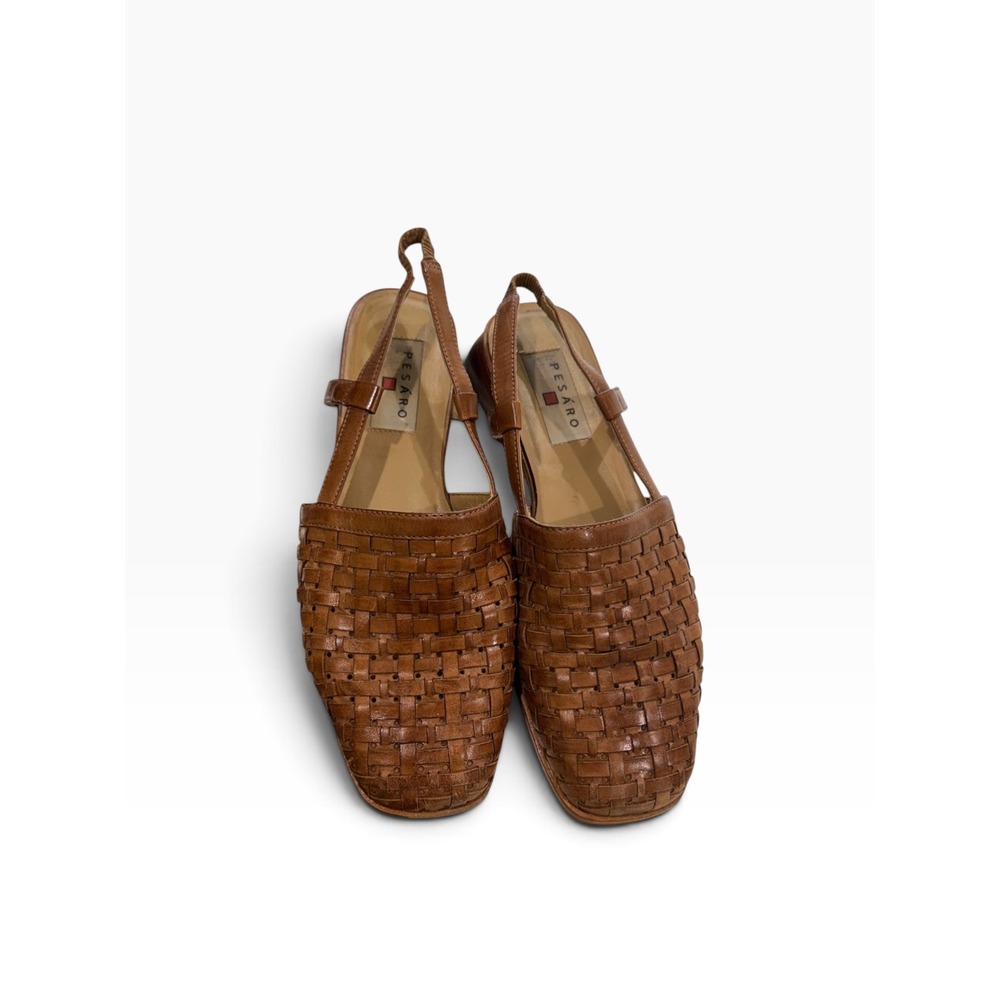 Pesaro Vintage Woven Brown Leather Slingback Wedge Boho Western Rustic Earthy